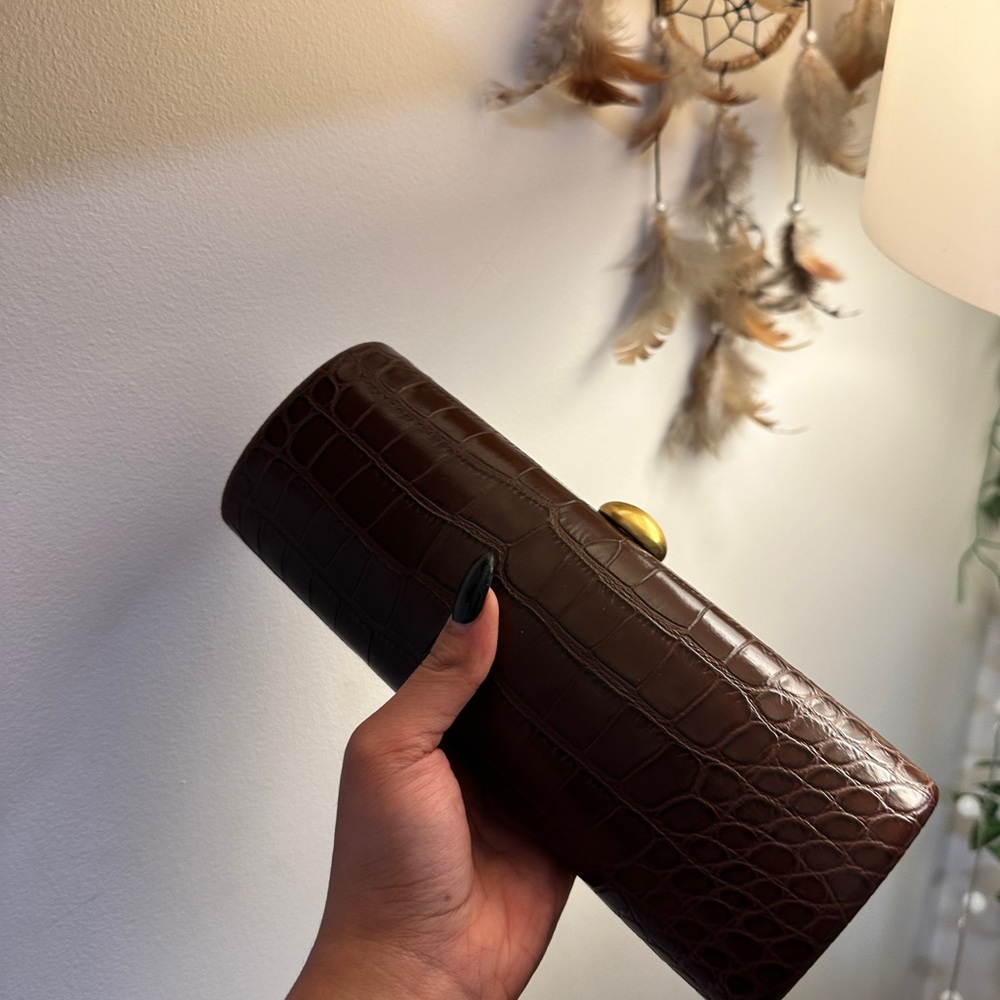 Elegant Brown Crocodile-Embossed Clutch